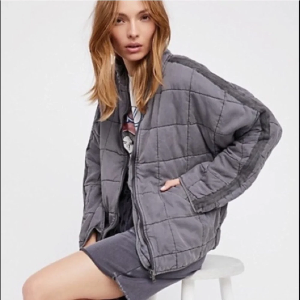 Free People Quilted Gray Bomber Jacket - Picture 3 of 5